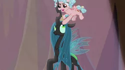 Size: 1920x1080 | Tagged: safe, derpibooru import, screencap, cozy glow, queen chrysalis, changeling, changeling queen, pegasus, pony, frenemies (episode), better way to be bad, crown, duo, female, filly, foal, jewelry, regalia, spotlight