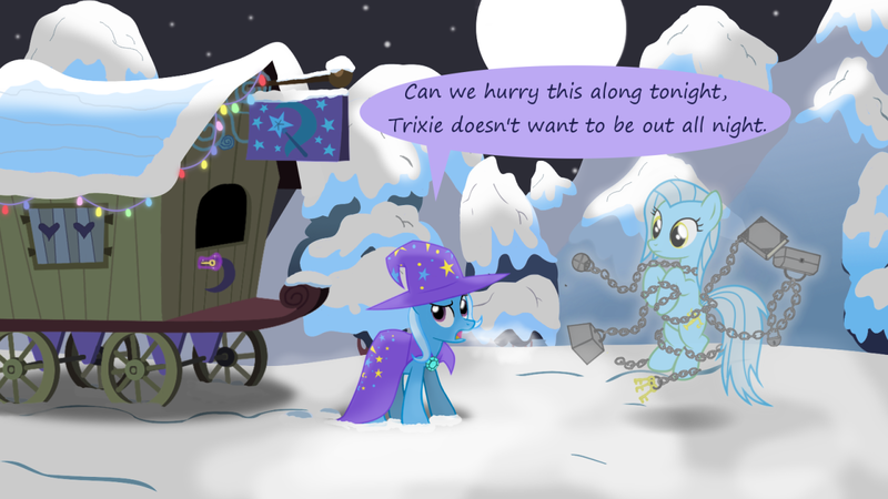 Size: 1280x720 | Tagged: safe, artist:evil-dec0y, derpibooru import, trixie, oc, oc:ghost, pony, comic:trixie vs., comic:trixie vs. hearth's warming, comic, trixie's wagon