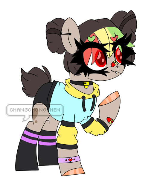 Size: 930x1151 | Tagged: safe, artist:changchongchen, derpibooru import, oc, oc:dracy (ice1517), unofficial characters only, earth pony, pony, bandaid, choker, clothes, collar, ear piercing, earring, fangs, hoodie, jewelry, multicolored hair, piercing, raised hoof, scene kid, shorts, simple background, socks, solo, unshorn fetlocks, white background, wristband