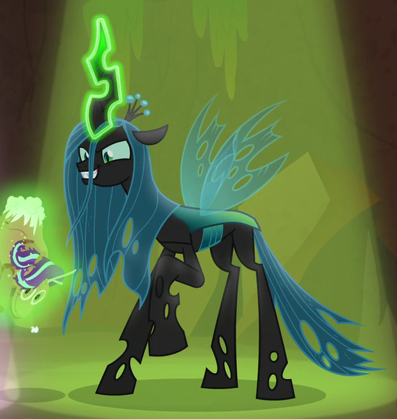 Size: 637x673 | Tagged: better way to be bad, changeling, changeling queen, cropped, derpibooru import, evil grin, female, frenemies (episode), glowing horn, grin, horn, magic, queen chrysalis, raised hoof, safe, screencap, smiling, solo, spotlight, telekinesis