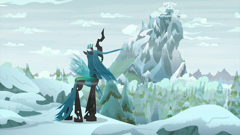 Size: 2100x1180 | Tagged: changeling, changeling queen, cloud, derpibooru import, female, frenemies (episode), mountain, mount everhoof, peak, pine tree, queen chrysalis, safe, screencap, snow, solo, tree, windswept mane