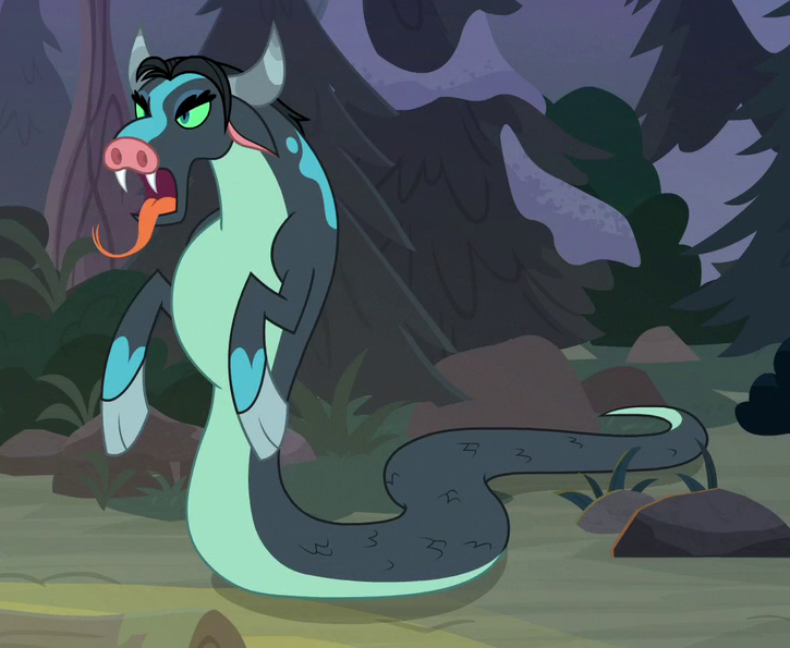 Size: 725x595 | Tagged: cloven hooves, cropped, derpibooru import, disguise, disguised changeling, female, forked tongue, frenemies (episode), open mouth, ophiotaurus, queen chrysalis, safe, screencap, solo