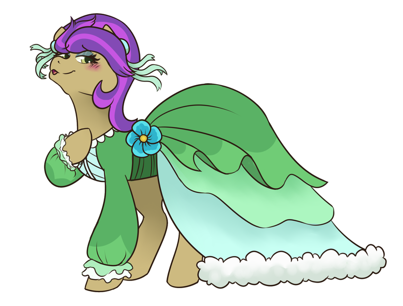 Size: 1280x974 | Tagged: safe, artist:night-iris, derpibooru import, yona, ponified, pony, she's all yak, blushing, clothes, cute, dress, female, flower, lidded eyes, pony yona, simple background, solo, species swap, white background, wig, yonadorable