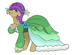 Size: 1280x974 | Tagged: safe, artist:night-iris, derpibooru import, yona, ponified, pony, she's all yak, blushing, clothes, cute, dress, female, flower, lidded eyes, pony yona, simple background, solo, species swap, white background, wig, yonadorable