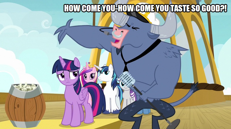 Size: 800x450 | Tagged: safe, derpibooru import, edit, edited screencap, screencap, iron will, shining armor, twilight sparkle, twilight sparkle (alicorn), twilight velvet, alicorn, unicorn, once upon a zeppelin, brown sugar (song), caption, image macro, song reference, text, the rolling stones