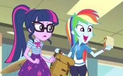 Size: 500x310 | Tagged: safe, derpibooru import, screencap, rainbow dash, sci-twi, twilight sparkle, equestria girls, equestria girls series, overpowered (equestria girls), backpack, cute, dashabetes, food, geode of super speed, glasses, magical geodes, open mouth, ponytail, sandwich