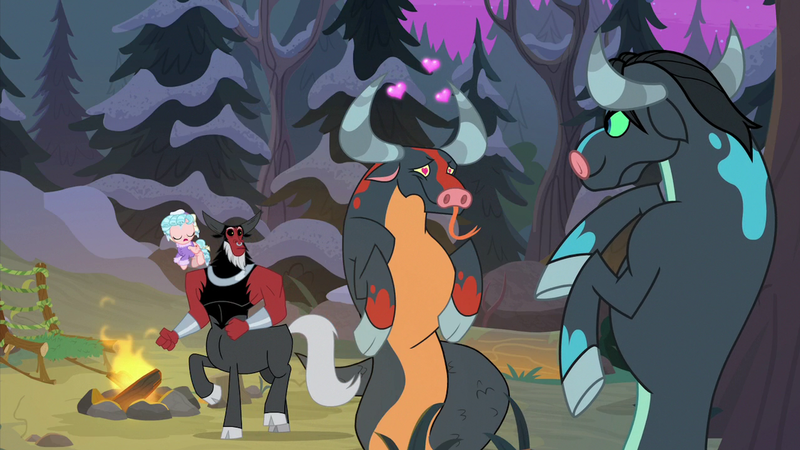 Size: 2100x1181 | Tagged: safe, derpibooru import, screencap, cozy glow, lord tirek, queen chrysalis, centaur, ophiotaurus, pegasus, pony, frenemies (episode), campfire, cloven hooves, colored sclera, disguise, disguised changeling, female, filly, foal, forked tongue, green sclera, heart, heart eyes, male, raised hoof, tongue out, wingding eyes