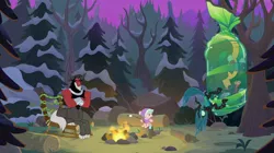 Size: 2100x1180 | Tagged: safe, derpibooru import, screencap, cozy glow, lord tirek, queen chrysalis, centaur, changeling, changeling queen, ophiotaurus, pegasus, pony, frenemies (episode), bare tree, blurry, bow, campfire, chair, clothes, cloven hooves, cocoon, crossed arms, female, filly, foal, food, forest, freckles, hair bow, hat, log, losers club, male, marshmallow, nose piercing, nose ring, piercing, pine tree, sitting, snow, tree, tree stump, upside down, winter outfit