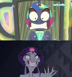 Size: 1500x1600 | Tagged: safe, derpibooru import, screencap, princess luna, human, pony, between dark and dawn, cartoonito logo, comparison, faic, female, mare, the emperor's new groove, yzma