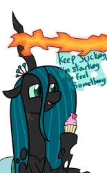 Size: 2824x4557 | Tagged: suggestive, artist:czu, derpibooru import, lord tirek, queen chrysalis, changeling, changeling queen, frenemies (episode), cupcake, female, food, implied blowjob, implied oral, implied sex, innuendo, magic drain, offscreen character, simple background, smug, transparent background