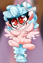 Size: 2529x3719 | Tagged: safe, artist:nekosnicker, derpibooru import, cozy glow, pegasus, pony, frenemies (episode), better way to be bad, chest fluff, eye clipping through hair, female, filly, flying, grin, no pupils, smiling, solo
