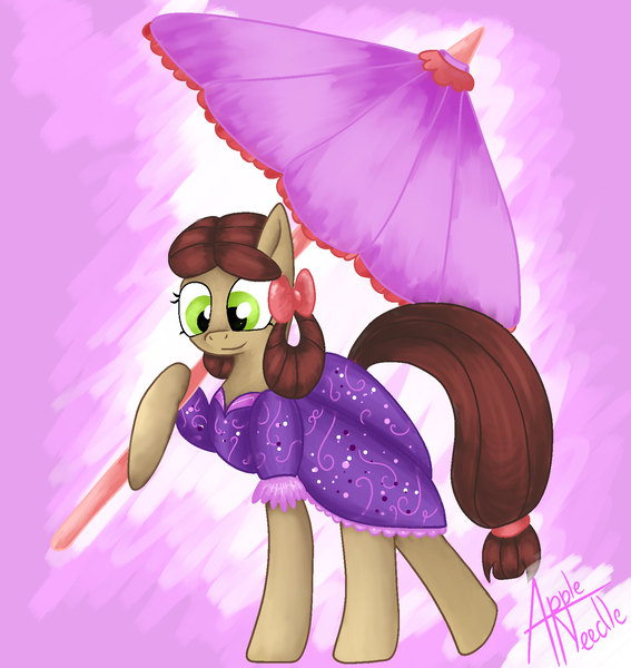 Size: 1584x1676 | Tagged: safe, artist:appleneedle, derpibooru import, yona, ponified, pony, she's all yak, bow, clothes, cute, dress, female, hair bow, monkey swings, pony yona, solo, species swap, umbrella, yonadorable