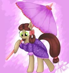Size: 1584x1676 | Tagged: safe, artist:appleneedle, derpibooru import, yona, ponified, pony, she's all yak, bow, clothes, cute, dress, female, hair bow, monkey swings, pony yona, solo, species swap, umbrella, yonadorable
