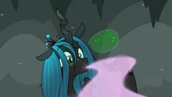 Size: 2560x1440 | Tagged: artist:fuzzypones, changeling feeding, colored, cute, cutealis, derpibooru import, female, frenemies (episode), love, moar, :o, open mouth, queen chrysalis, safe, solo, text, that changeling sure does love love, this will end in weight gain