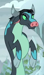 Size: 402x677 | Tagged: cloven hooves, colored sclera, cropped, derpibooru import, disguise, disguised changeling, female, frenemies (episode), green sclera, ophiotaurus, queen chrysalis, safe, screencap, solo