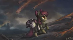 Size: 1950x1075 | Tagged: safe, artist:turbosolid, derpibooru import, apple bloom, sweetie belle, earth pony, pony, unicorn, barad-dûr, clothes, crossover, duo, eye of sauron, female, filly, foal, frodo baggins, lord of the rings, parody, samwise gamgee, sauron, the one ring