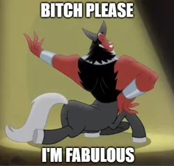 Size: 500x478 | Tagged: better way to be bad, bitch i'm fabulous, butt, caption, centaur, cloven hooves, cropped, derpibooru import, edit, edited screencap, eyes closed, fabulous, frenemies (episode), image macro, lord tirek, majestic as fuck, male, nose piercing, nose ring, piercing, plot, safe, screencap, solo, spotlight, text, the ass was fat, tirump, vulgar