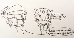 Size: 500x259 | Tagged: safe, artist:laceymod, derpibooru import, oc, oc:lovelace, oc:loveless (laceymod), unofficial characters only, pony, unicorn, duality, female, hat, mare, traditional art