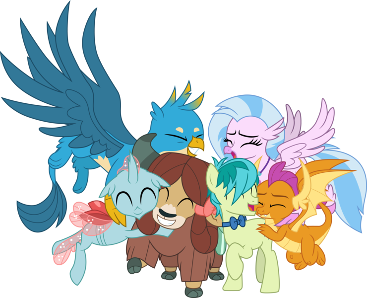 Size: 3701x3000 | Tagged: safe, artist:cloudyglow, derpibooru import, gallus, ocellus, sandbar, silverstream, smolder, yona, changedling, changeling, classical hippogriff, dragon, earth pony, gryphon, hippogriff, pony, yak, she's all yak, .ai available, bow, bowtie, cloven hooves, colored hooves, cute, diaocelles, diastreamies, dragoness, eyes closed, female, gallabetes, group hug, hair bow, hug, jewelry, male, monkey swings, necklace, necktie, sandabetes, simple background, smolderbetes, student six, teenager, transparent background, vector, yonadorable