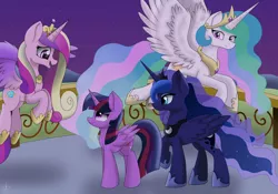 Size: 2048x1436 | Tagged: safe, artist:envygirl95, derpibooru import, princess cadance, princess celestia, princess luna, twilight sparkle, twilight sparkle (alicorn), alicorn, pony, twilight's kingdom, alicorn tetrarchy, female, flying, mare, night, smiling, you'll play your part