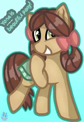 Size: 790x1143 | Tagged: safe, artist:rainbow eevee, derpibooru import, yona, ponified, pony, she's all yak, bow, cute, female, monkey swings, pony yona, raised hoof, simple background, smiling, solo, species swap, text, yonadorable