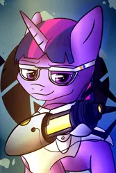 Size: 1200x1800 | Tagged: safe, artist:quefortia, derpibooru import, twilight sparkle, pony, aperture science, clothes, crossover, female, glasses, horn, lab coat, mare, portal (valve), portal gun, solo