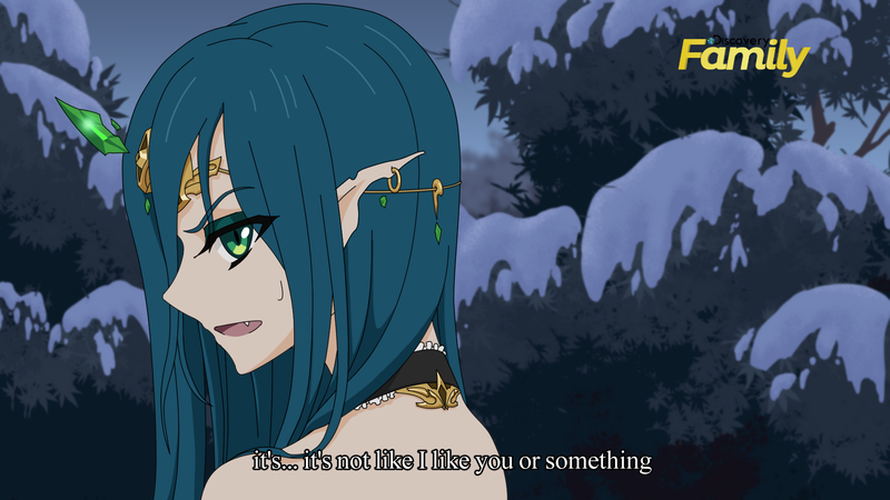 Size: 1920x1080 | Tagged: safe, artist:amarthgul, derpibooru import, edit, edited screencap, screencap, queen chrysalis, human, frenemies (episode), discovery family logo, elf ears, female, humanized, image, open mouth, png, solo, subtitles, tsundalis, tsundere