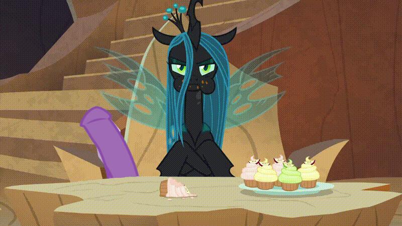 Size: 800x450 | Tagged: angry, animated, aweeg*, bad edit, changeling, changeling queen, cupcake, derpibooru import, dildo, eating, edit, edited screencap, editor:uni-pon, female, food, frenemies (episode), horsecock dildo, log, lord tirek, nsfw edit, pointing, queen chrysalis, questionable, screencap, sex toy, starlight glimmer, table, tulpa