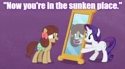 Size: 622x346 | Tagged: safe, derpibooru import, edit, edited screencap, screencap, rarity, yona, ponified, pony, she's all yak, caption, get out, image macro, mirror, pony yona, species swap, sunken place, text
