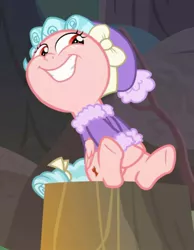 Size: 747x964 | Tagged: safe, derpibooru import, screencap, cozy glow, pegasus, pony, frenemies (episode), clothes, cozy glow is best facemaker, cropped, faic, female, filly, solo, tree stump, winter outfit