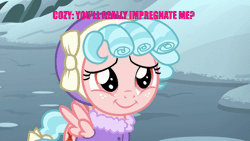 Size: 1200x675 | Tagged: suggestive, derpibooru import, edit, edited screencap, screencap, cozy glow, pegasus, pony, frenemies (episode), angry, animated, caption, clothes, cozy glow is best facemaker, cozybetes, cute, dialogue, female, filly, foal, image macro, implied foalcon, implied sex, meme, rage face, solo, text