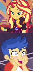 Size: 540x1156 | Tagged: safe, derpibooru import, flash sentry, sunset shimmer, equestria girls, equestria girls series, how to backstage, spring breakdown, spoiler:eqg series (season 2), female, flashimmer, male, shipping, shipping domino, smiling, starry eyes, straight, wingding eyes