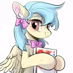 Size: 640x640 | Tagged: artist needed, source needed, safe, derpibooru import, oc, oc:左岸, unofficial characters only, pegasus, pony, book, bow, bowtie, bust, chinese text, female, hair bow, looking at you, mare, portrait, ribbon, simple background, smiling, solo, text, translated in the description, white background