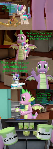 Size: 1920x5400 | Tagged: safe, artist:papadragon69, derpibooru import, princess flurry heart, spike, alicorn, dragon, pony, comic:spike's cyosa, 3d, baby food, choice, comic, crystal empire, cyoa, diaper, highchair, hungry, older, older spike, refrigerator, rumbling, sfm pony, source filmmaker, stomach noise, teenage spike, teenager, winged spike