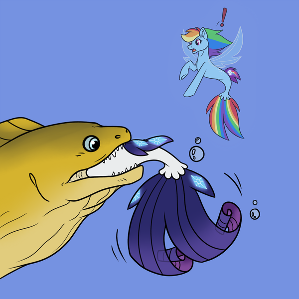 Size: 3900x3900 | Tagged: artist:hellonurse, derpibooru import, eaten alive, eel, female, fetish, fish, moray eel, peril, predation, rainbow dash, rariprey, rarity, safe, seaponified, seapony (g4), seapony rainbow dash, seapony rarity, species swap, swallowing, vore