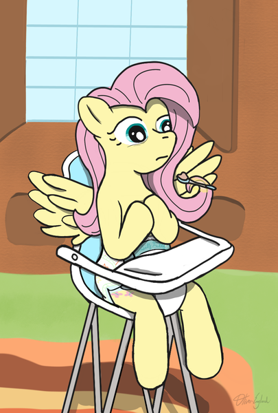 Size: 1349x2000 | Tagged: questionable, artist:oliver-england, derpibooru import, fluttershy, pony, adult foal, diaper, diaper fetish, female, fetish, fluttershy's cottage, highchair, levitation, magic, mare, solo, spoon, spread wings, story in the source, telekinesis, wings