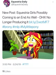Size: 604x800 | Tagged: safe, derpibooru import, sunset shimmer, equestria daily, epic fails (equestria girls), eqg summertime shorts, equestria girls, end of ponies, meta, the end of equestria girls, twitter