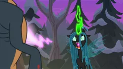 Size: 1920x1080 | Tagged: changeling, changeling feeding, changeling queen, derpibooru import, female, frenemies (episode), glowing horn, horn, love extraction, love magic, open mouth, ophiotaurus, queen chrysalis, safe, screencap, solo, you know for kids