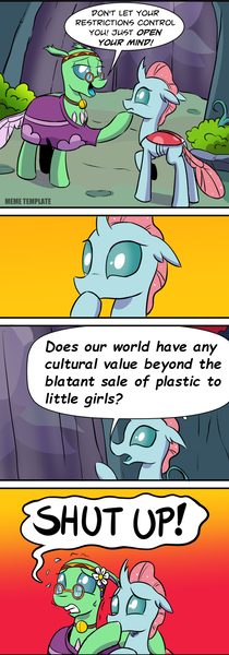 Size: 529x1511 | Tagged: artist:pony-berserker edits, changedling, changeling, changeling hive, comic, derpibooru import, edit, exploitable meme, free love (changedling), hippie, meme, nihilism, ocellus, philosophy, safe, shut up, speech bubble, stonetoss