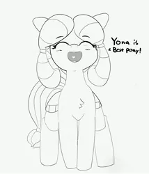 Size: 3221x3756 | Tagged: safe, artist:pabbley, derpibooru import, yona, ponified, earth pony, pony, she's all yak, best pony, bow, chest fluff, cute, eyes closed, female, hair bow, happy, heart, monkey swings, monochrome, open mouth, pony yona, simple background, sketch, smiling, solo, species swap, white background, yonadorable