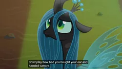 Size: 1920x1080 | Tagged: better way to be bad, caption, changeling, changeling queen, derpibooru import, ear, edit, edited screencap, female, frenemies (episode), meme, queen chrysalis, safe, screencap, solo, tumor, youtube caption