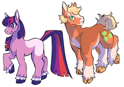 Size: 1515x1071 | Tagged: safe, artist:vkyw, derpibooru import, applejack, twilight sparkle, earth pony, pony, leak, spoiler:g5, applejack (g5), cloven hooves, duo, duo female, earth pony twilight, female, g5, simple background, twilight sparkle (g5), unshorn fetlocks, white background