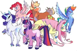 Size: 1280x842 | Tagged: safe, artist:vkyw, derpibooru import, applejack, fluttershy, pinkie pie, rainbow dash, rarity, twilight sparkle, earth pony, pegasus, pony, unicorn, leak, spoiler:g5, applejack (g5), curved horn, earth pony twilight, female, fluttershy (g5), g5, group shot, horn, mane six, mane six (g5), mare, pegasus pinkie pie, pinkie pie (g5), race swap, rainbow dash (g5), rarity (g5), simple background, size difference, tallershy, twilight sparkle (g5), unicorn fluttershy, white background