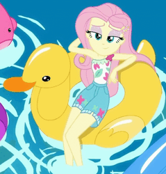 Size: 417x437 | Tagged: safe, derpibooru import, screencap, fluttershy, equestria girls, equestria girls series, i'm on a yacht, spoiler:eqg series (season 2), animated, barefoot, cropped, feet, fetish fuel, floaty, flutterfeet, foot focus, gif, inflatable toy, pool toy, sexy, soles, solo, wiggling toes
