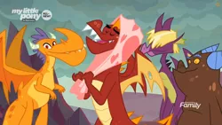 Size: 852x479 | Tagged: all new, billy (dragon), clump, derpibooru import, discovery family logo, dragon, dragon lands, eyes closed, fume, garble, male, quartet, safe, screencap, spear (dragon), sweet and smoky, teenaged dragon, text