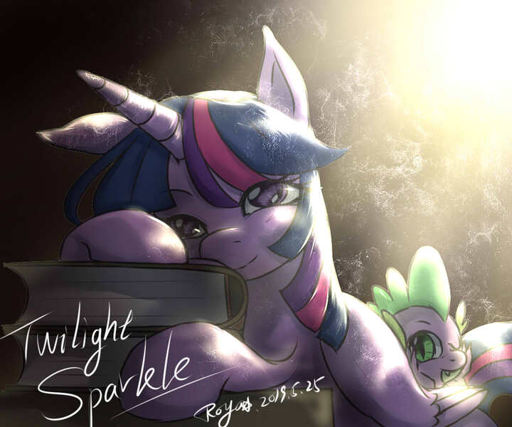 Size: 1200x1000 | Tagged: safe, artist:roya, derpibooru import, spike, twilight sparkle, twilight sparkle (alicorn), alicorn, dragon, pony, book, duo, female, looking at you, male, mare, pixiv