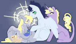 Size: 324x190 | Tagged: safe, artist:eqq_scremble, derpibooru import, derpy hooves, dinky hooves, soarin', oc, pegasus, pony, unicorn, eqqverse, derpin', family, female, freckles, headcanon, lineless, male, next generation, offspring, parent:derpy hooves, parent:doctor whooves, parents:derpin', parents:doctorderpy, shipping, straight