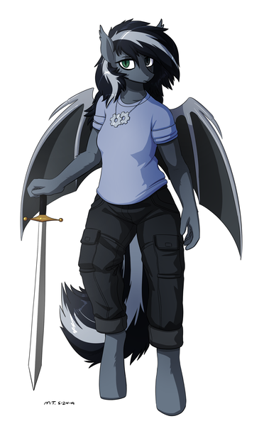 Size: 2044x3300 | Tagged: safe, artist:the-minuscule-task, derpibooru import, oc, oc:shade (jerichoiv), unofficial characters only, anthro, bat pony, unguligrade anthro, anthro oc, bat pony oc, bat wings, clothes, female, image, pants, png, shirt, simple background, solo, sword, t-shirt, weapon, wings