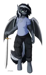 Size: 2044x3300 | Tagged: safe, artist:the-minuscule-task, derpibooru import, oc, oc:shade (jerichoiv), unofficial characters only, anthro, bat pony, unguligrade anthro, anthro oc, bat pony oc, bat wings, clothes, female, image, pants, png, shirt, simple background, solo, sword, t-shirt, weapon, wings