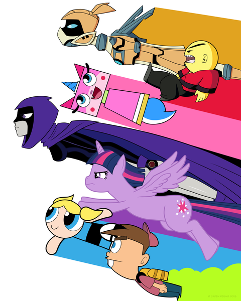 Size: 1280x1600 | Tagged: alicorn, artist:cadenreigns, bubbles (powerpuff girls), crossover, derpibooru import, lego, omi, raven (teen titans), safe, sari sumdac, tara strong, teen titans, the fairly oddparents, the powerpuff girls, timmy turner, transformers, transformers animated, twilight sparkle, twilight sparkle (alicorn), unikitty, unikitty! (tv series), voice actor joke, xiaolin showdown